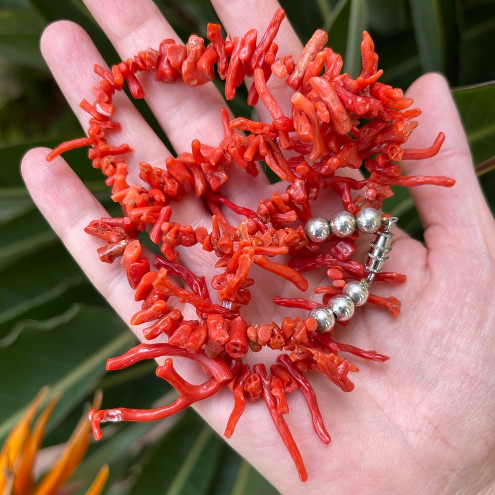 Natural Undyed red coral branch sterling silver necklace